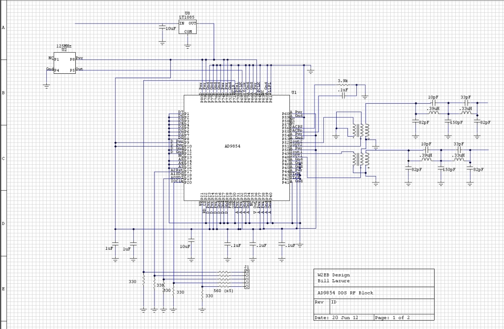 Schematic of the analog portion of the AD9854-based DDS Oscillator