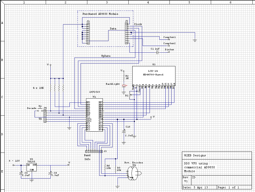 Schematic of a AD9850-based DDS Oscillator using a commercial plug-in module