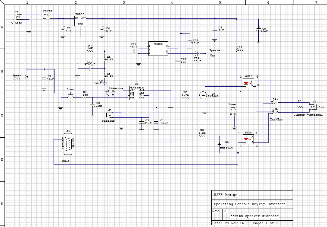 Schematic of the Lazure Console Keyer with experimental speaker sidetone out.