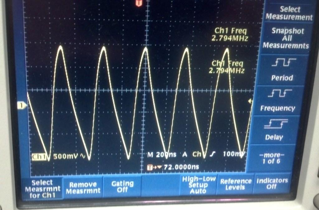 Oscilloscope shot of my Ring Oscillator Oscillating at 2.794 MegaHertz